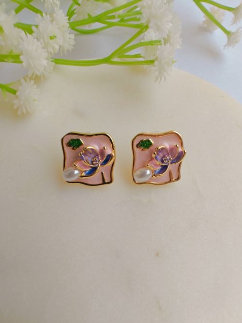 Blush Lotus Enamel Earrings