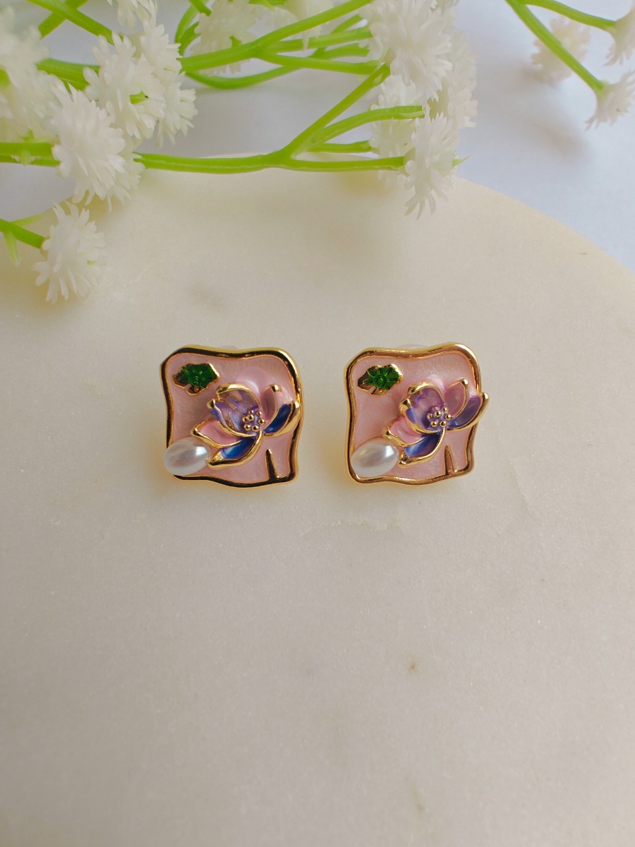 Blush Lotus Enamel Earrings